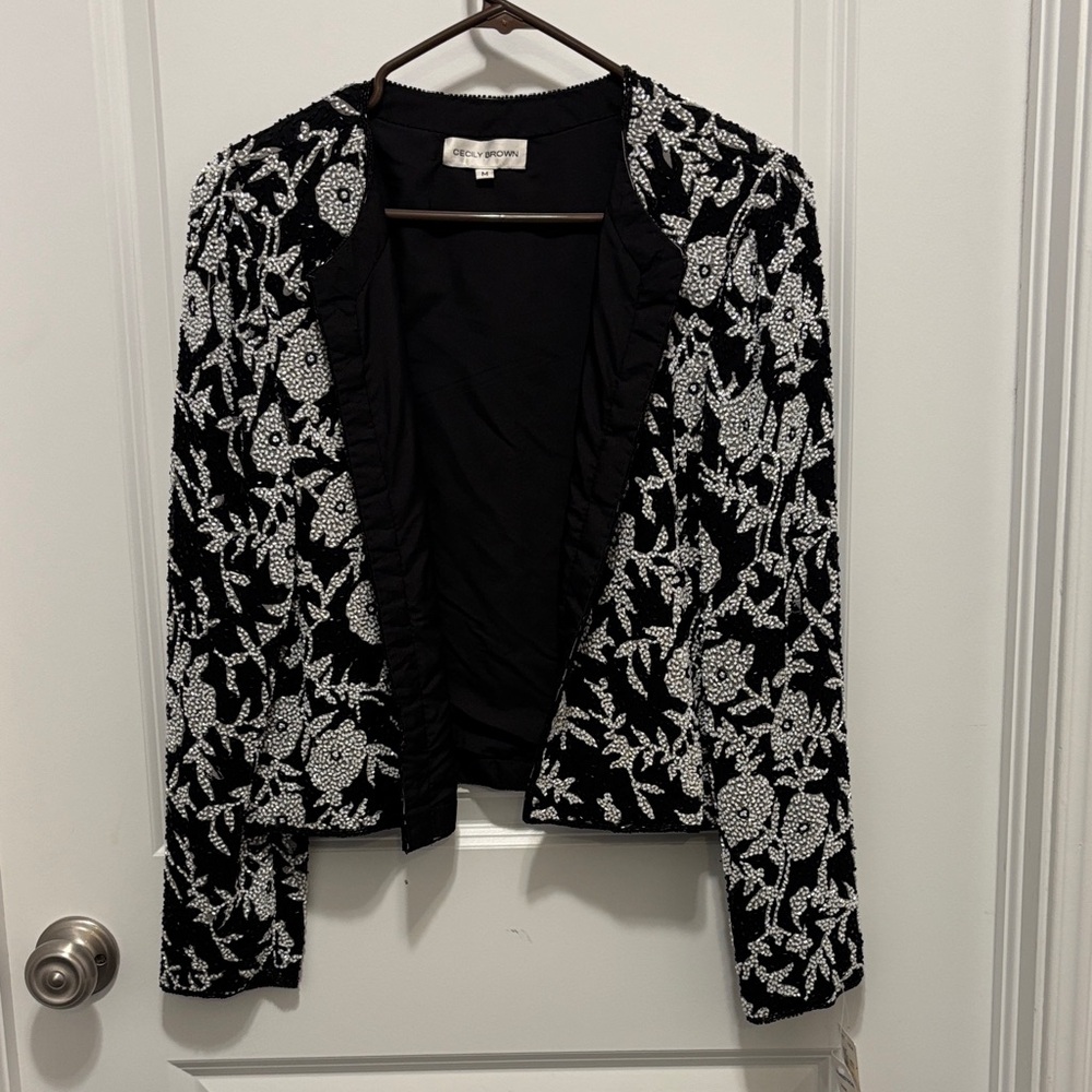 Cecily Brown Elegant Black and White Floral Women's Sequin Blazer